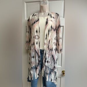 Travelers by Chicos mesh knit southwest Ikat open cardigan with fringe detail